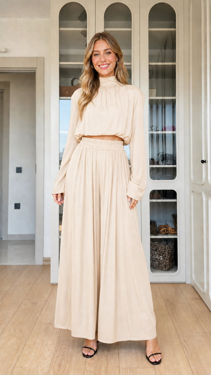 Cream beige mock neck crop top and pleated wide-leg pants two-piece set