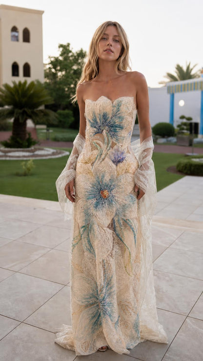 Model wearing champagne floral embroidered maxi dress