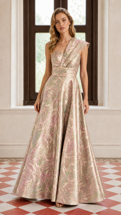 One-Shoulder Pleated Metallic A-Line Maxi Evening Gown in Champagne