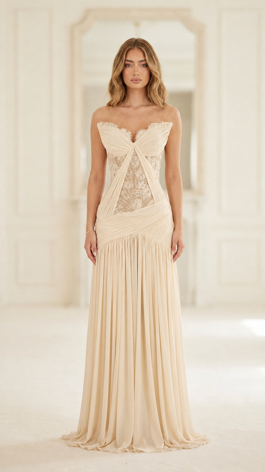 Champagne cream strapless lace corset pleated evening dress