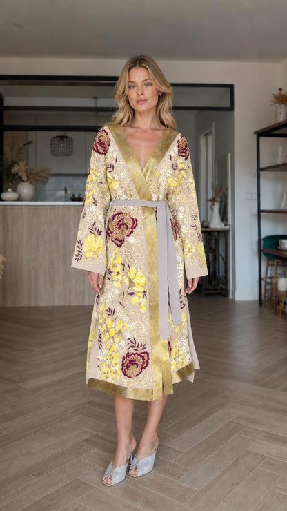 Front view of beige floral embroidered kimono robe