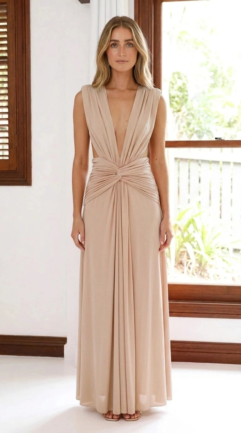 Front view of champagne beige plunge backless maxi dress