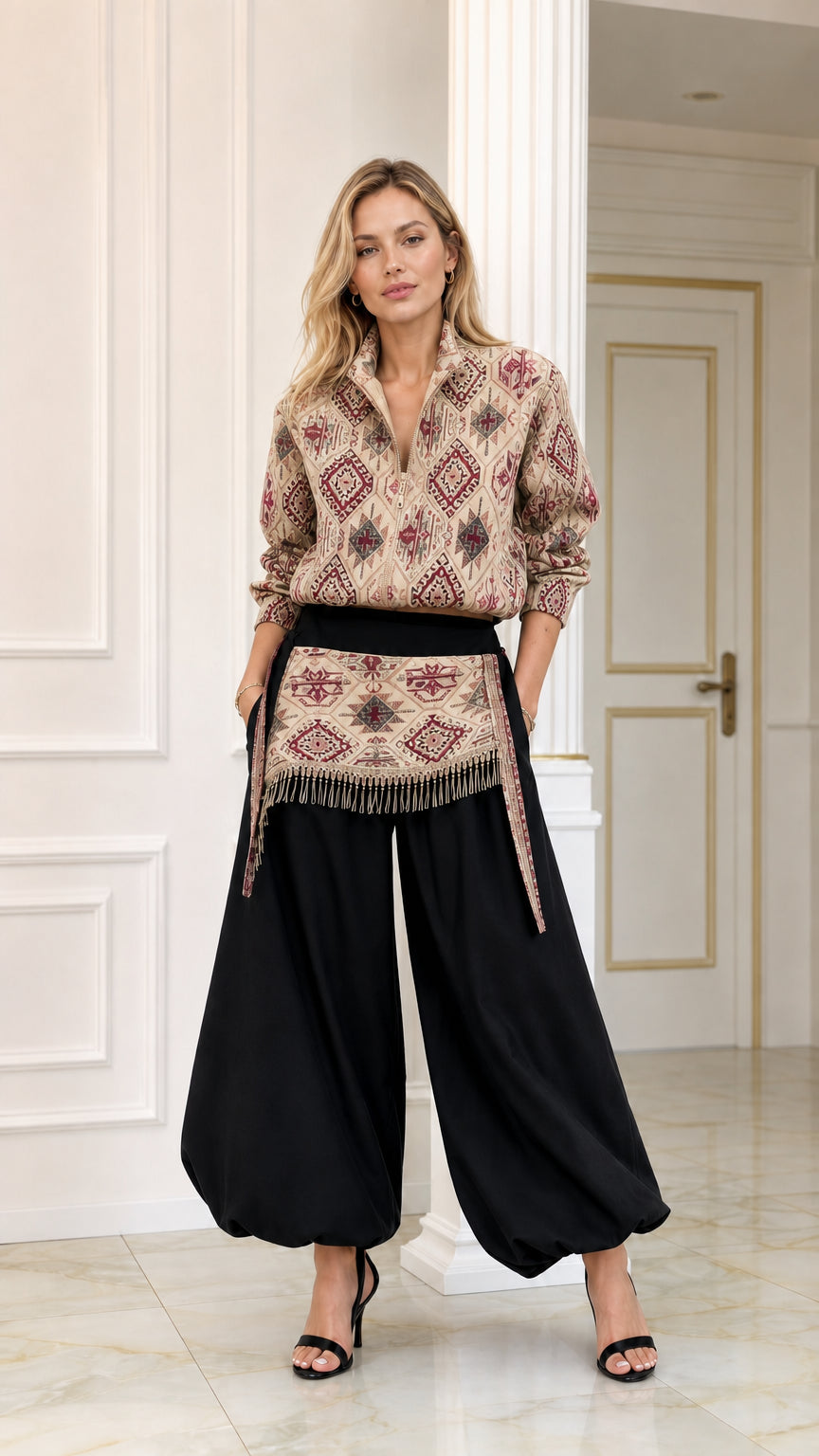 Front view of beige geometric pattern blouse and black balloon pants two-piece set