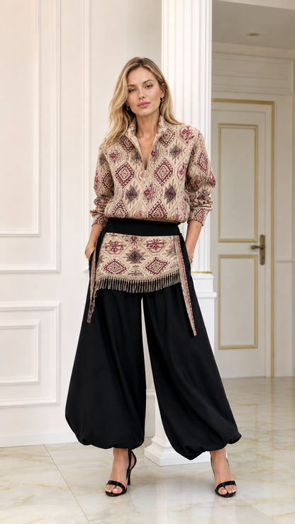 Front view of beige geometric pattern blouse and black balloon pants two-piece set