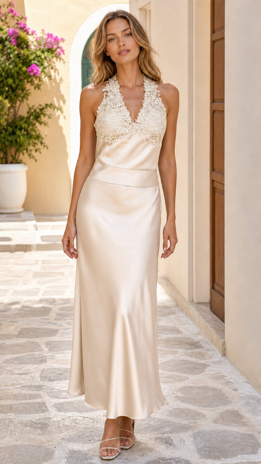 Champagne ivory lace halter satin formal maxi dress on model
