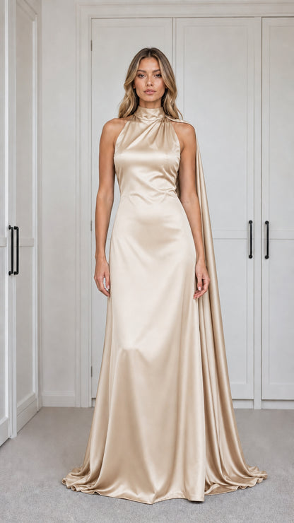 Champagne Satin Mock Neck Maxi Dress front view