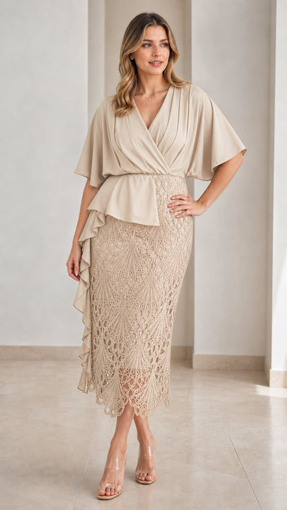 Champagne beige capelet wrap v-neck midi dress with intricate lace skirt