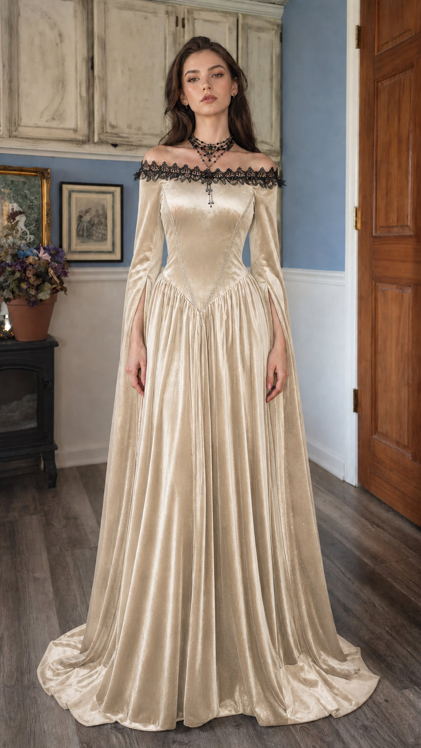 Front view of beige velvet Victorian style dress