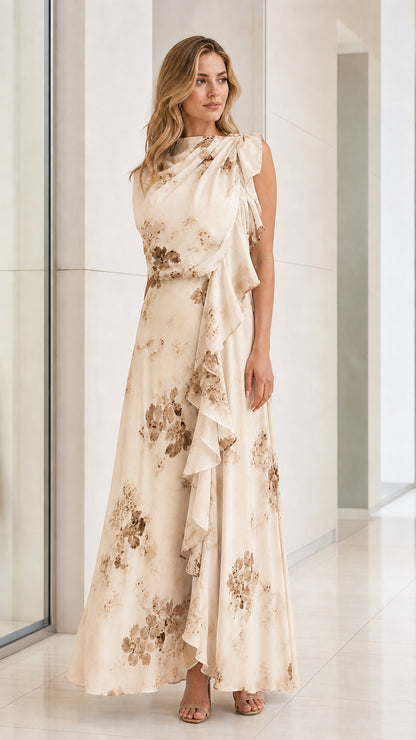 Front view of model in Champagne floral ruffled maxi dress