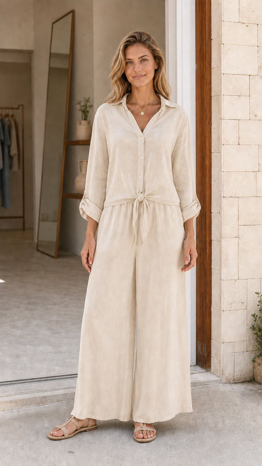 Front view of beige button-down wide leg jumpsuit