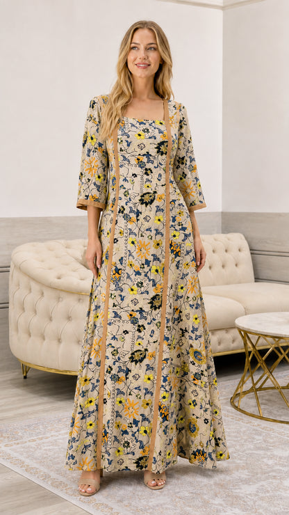 Full front view of beige cream floral printed square neck maxi dress
