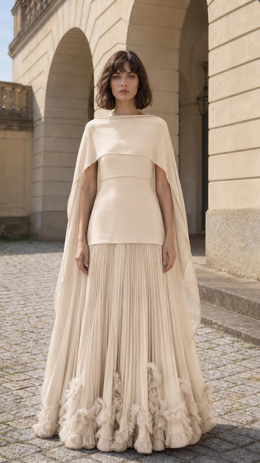 Front view of woman wearing champagne cape overlay pleated maxi dress
