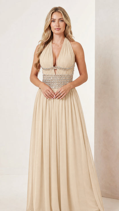 Champagne beige halter plunge chiffon maxi gown with beaded waistband