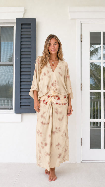 Front full-length view of model wearing Cream/Beige boho kimono sleeve maxi dress