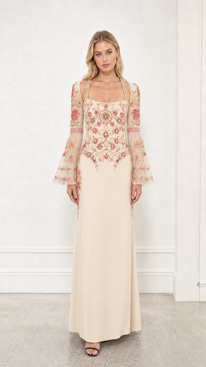 Front view of champagne embroidered evening dress
