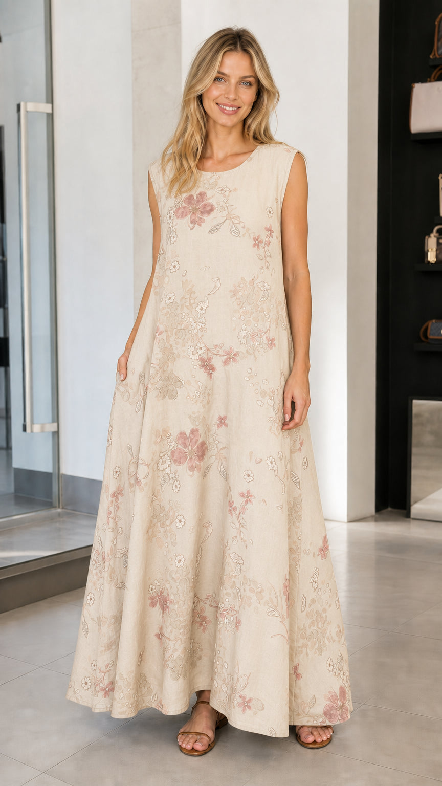 Model wearing beige floral sleeveless maxi dress