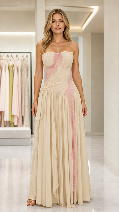 Front view of champagne strapless pleated evening gown