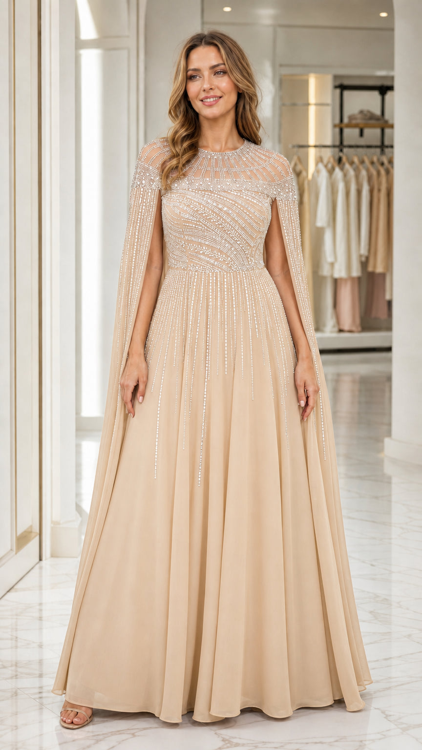 Front view of champagne evening gown with beaded capelet