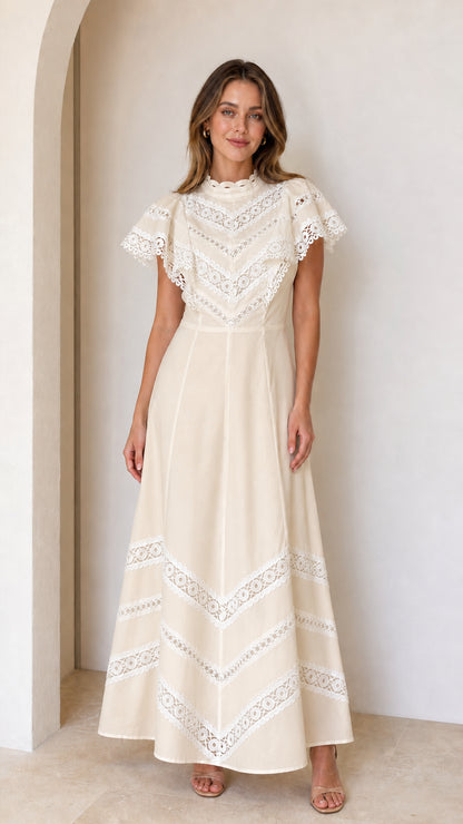 Cream ivory lace flutter sleeve A-line maxi dress full-length view