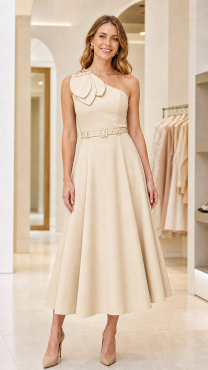 Model wearing champagne one-shoulder midi dress with belt