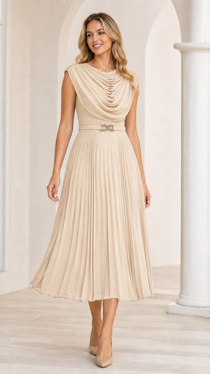 Beige cowl neck pleated midi dress