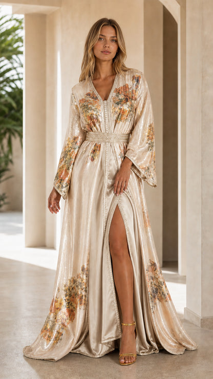 Champagne cream shimmering floral embroidered kaftan maxi evening gown