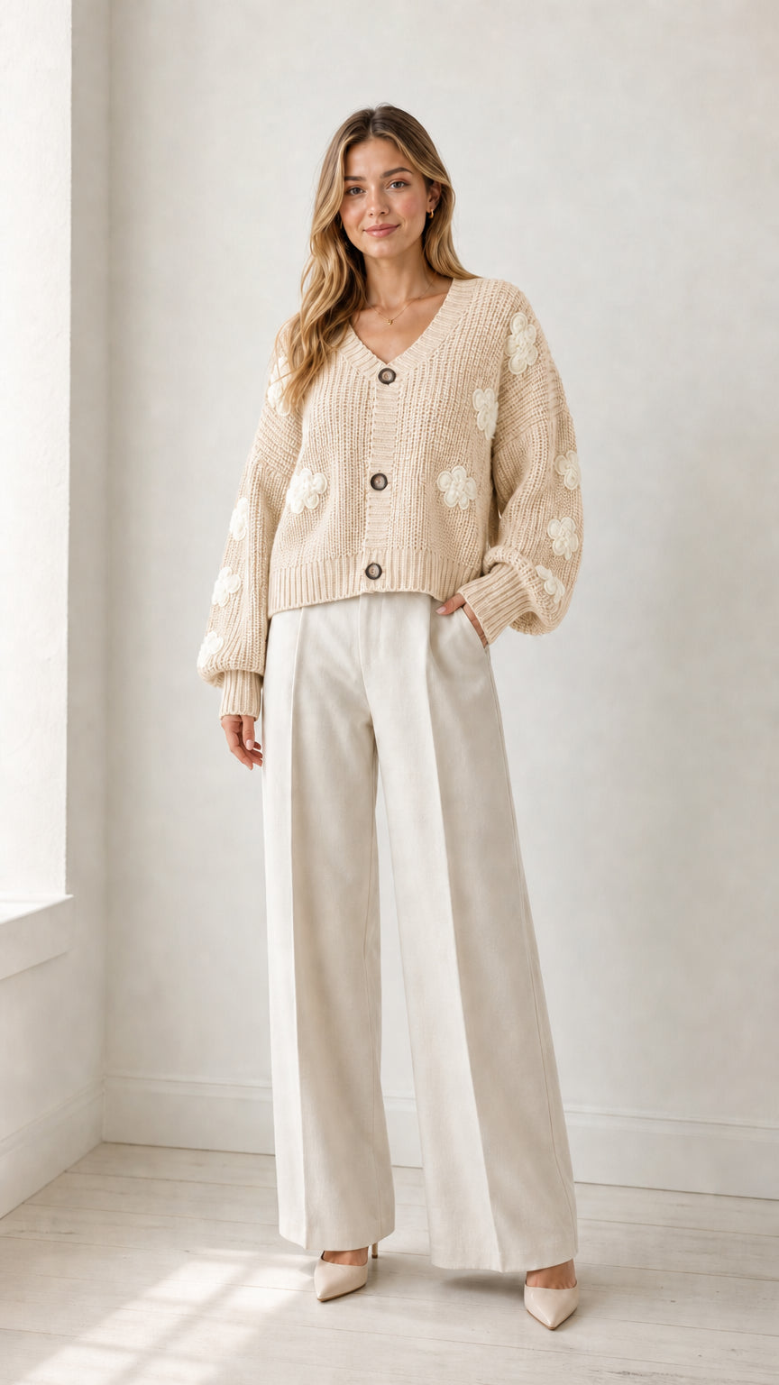 Model wearing beige cream chunky knit V-neck cardigan with white floral appliqués