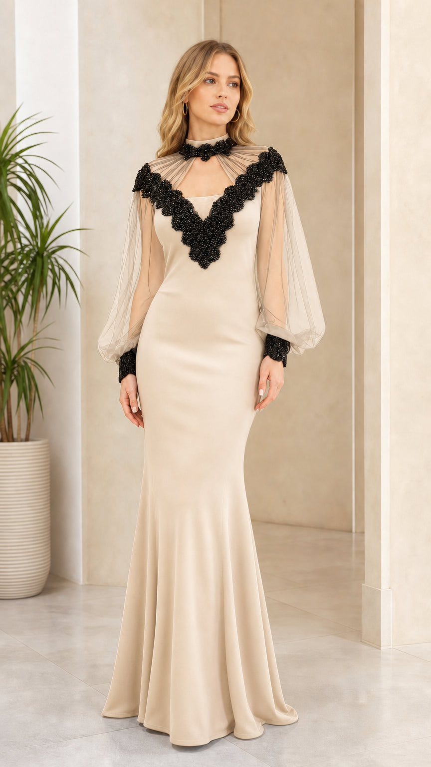 Front view of champagne evening gown