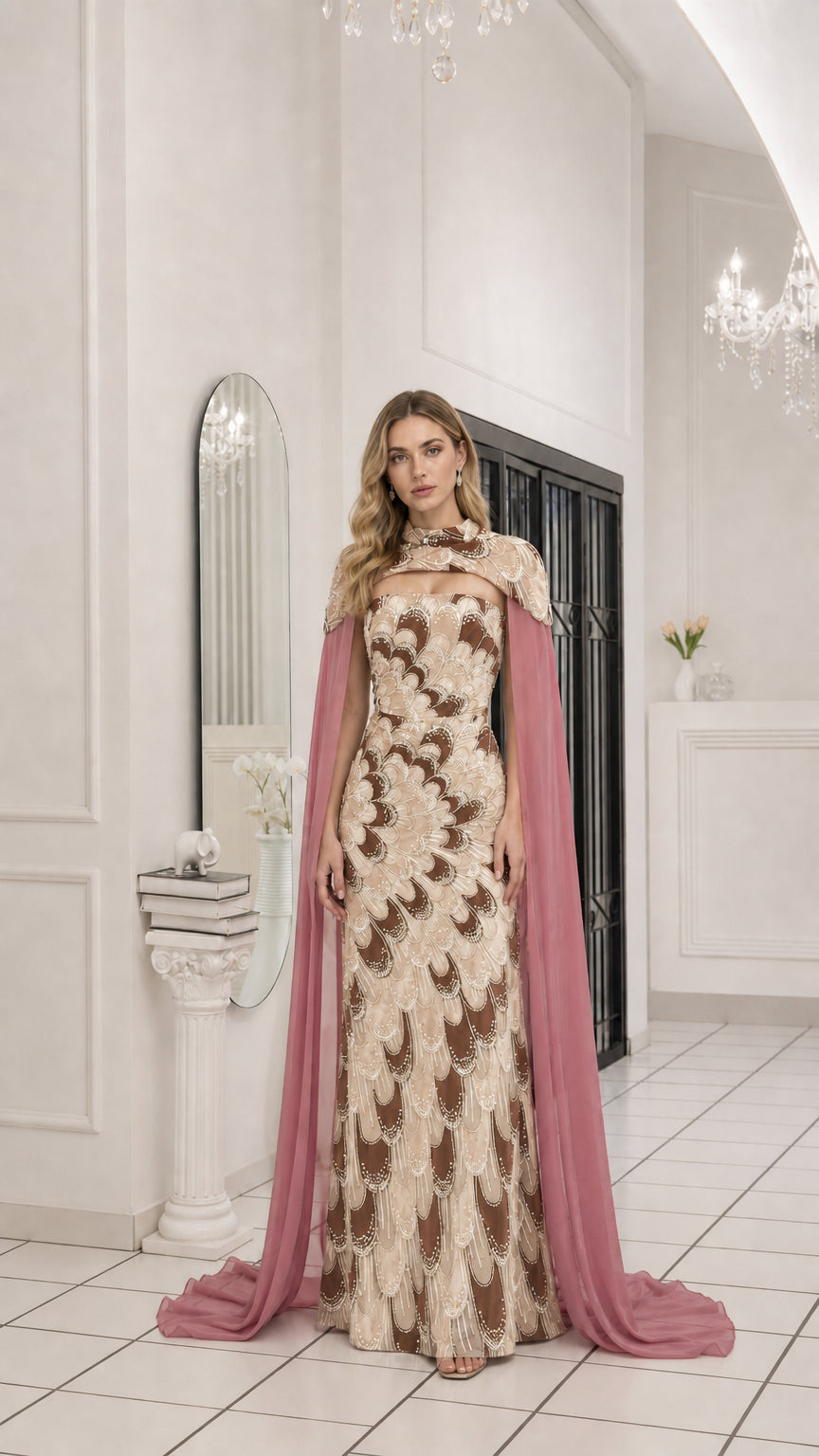Front full view of champagne color variant with cape