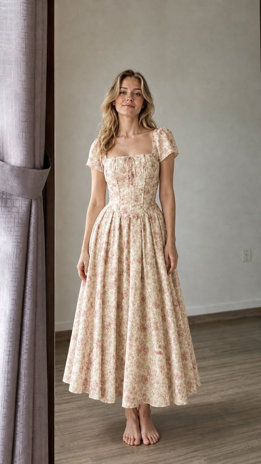 Woman wearing beige floral midi dress
