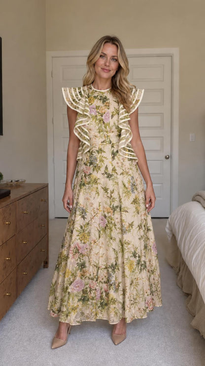 Woman wearing beige floral ruffle maxi dress