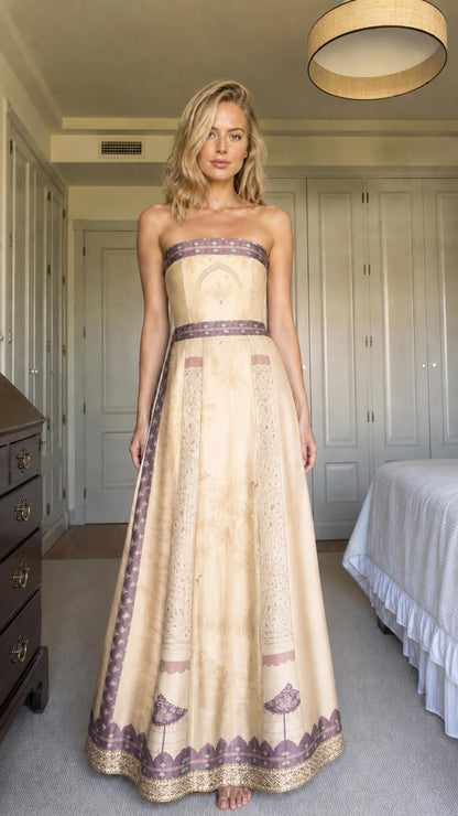 Front view of model wearing champagne strapless printed maxi dress