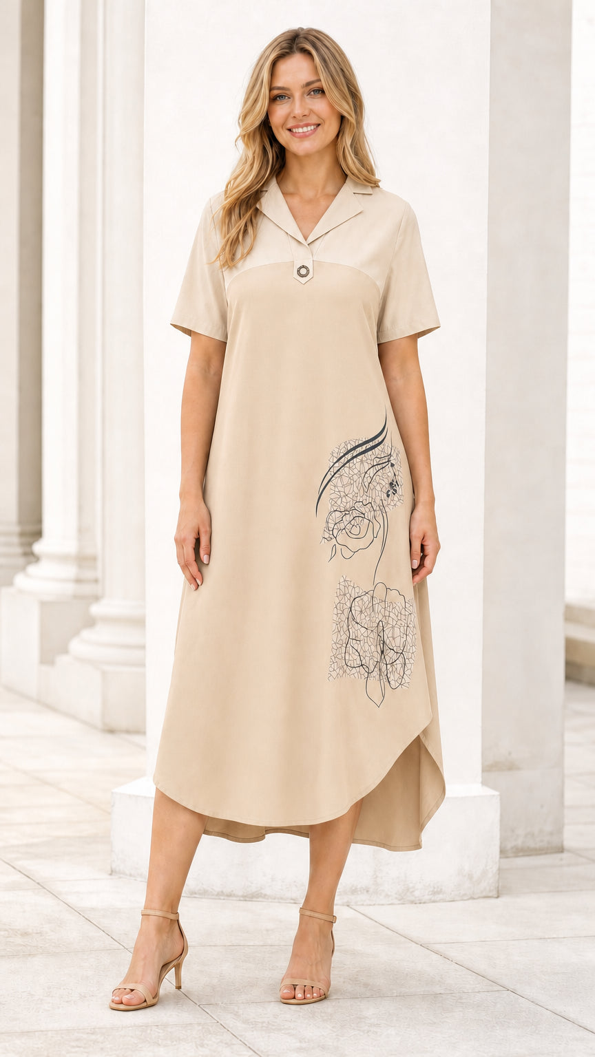 Khaki colorblock midi dress front view