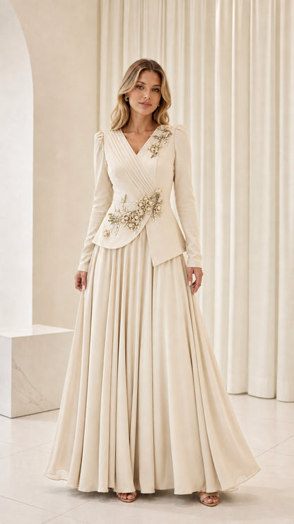 Front view of woman wearing champagne cream floral beaded peplum evening maxi dress