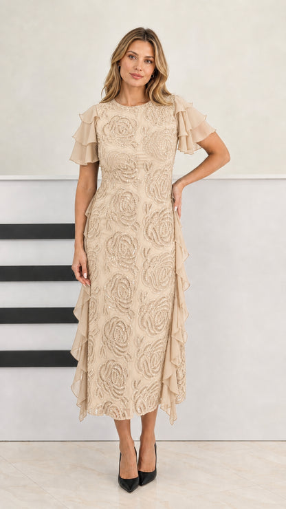 Model wearing champagne beaded midi dress