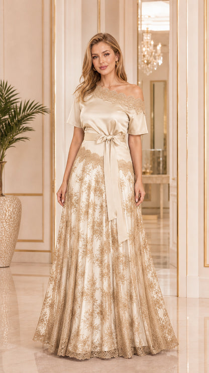 Champagne gold satin and lace A-line formal evening gown