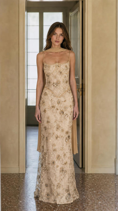 Champagne variant of the embroidered evening dress
