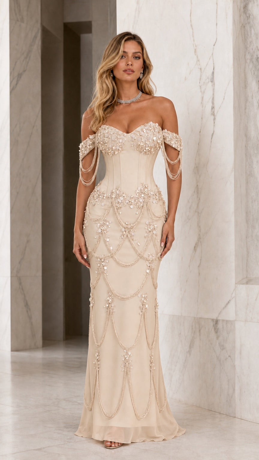 Front view of champagne beaded corset mermaid evening dress
