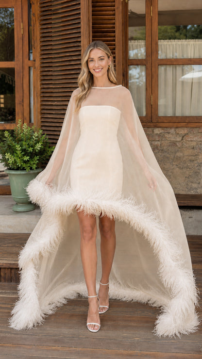 Champagne ivory sheer tulle cape mini dress with feather trim