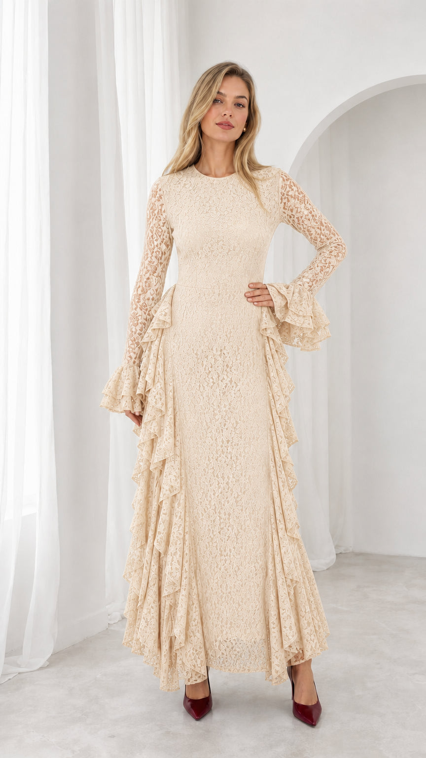 Front view of cream beige floral lace long sleeve maxi evening gown
