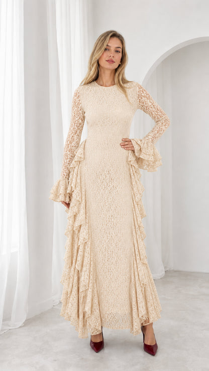 Front view of cream beige floral lace long sleeve maxi evening gown