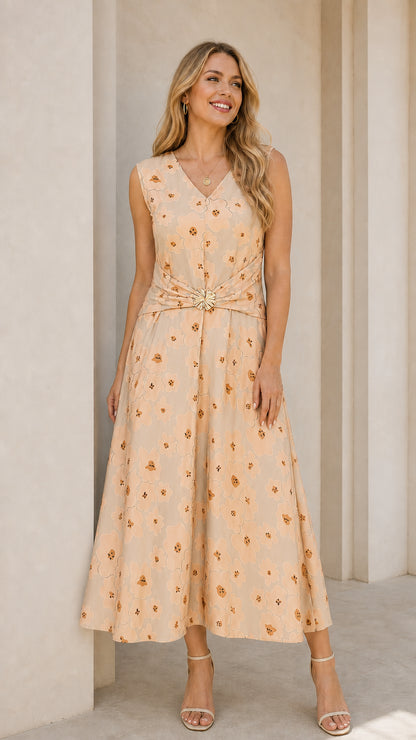 Beige floral midi dress