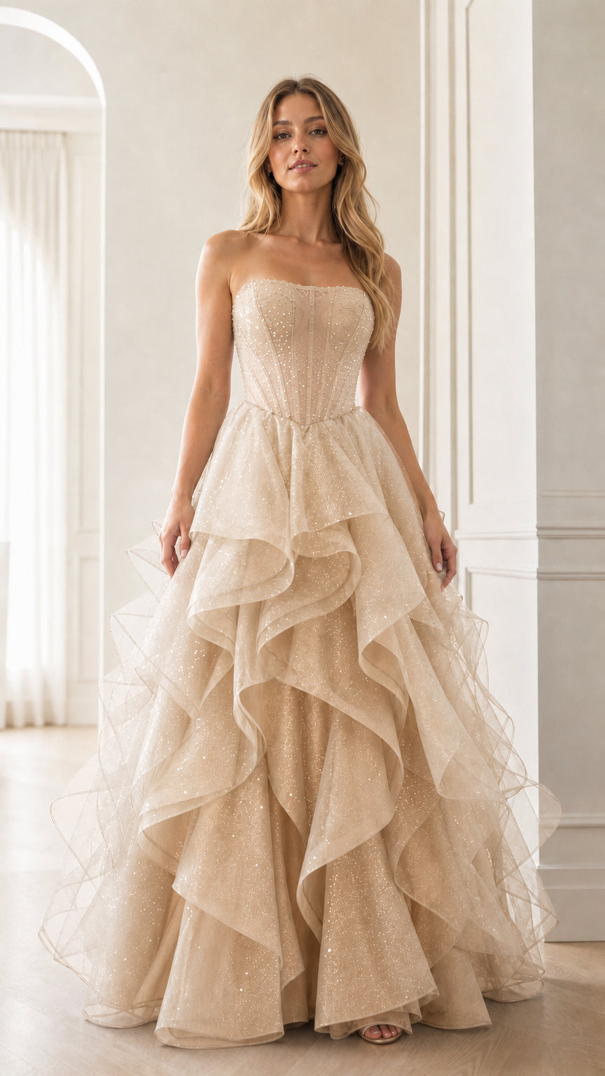 Champagne gold strapless glitter tulle tiered ball gown