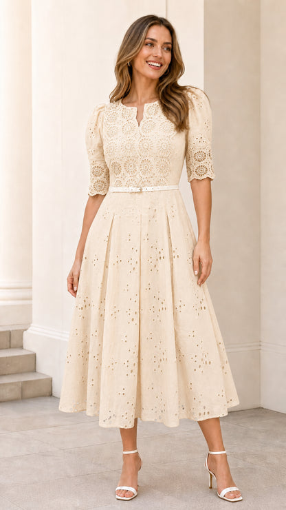 Front full view of beige eyelet midi dress