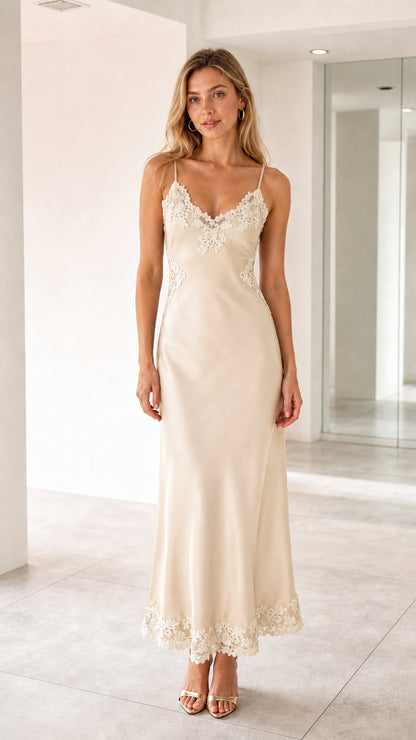Champagne satin lace trim slip maxi dress