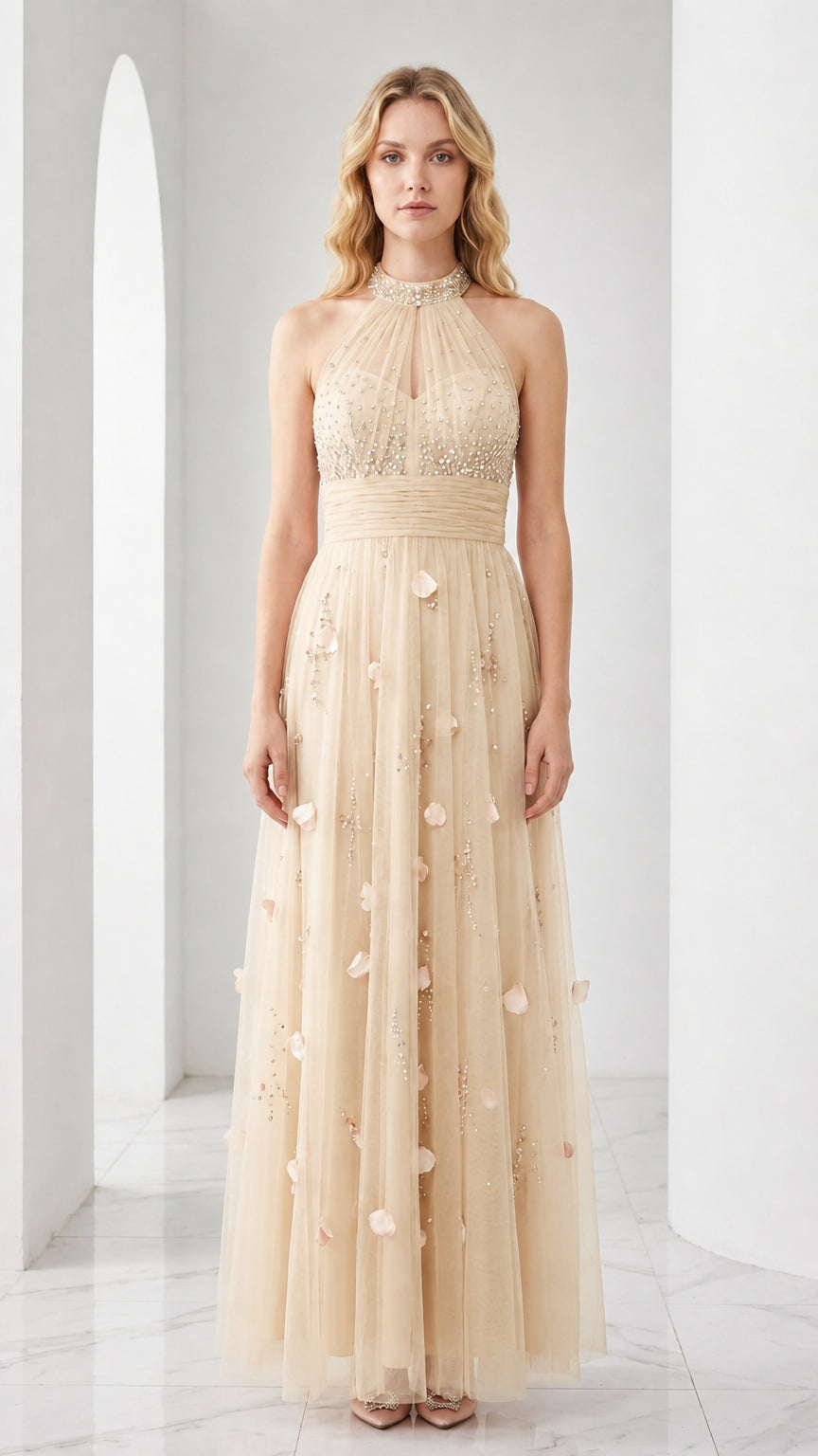 Champagne embellished halter neck tulle evening dress
