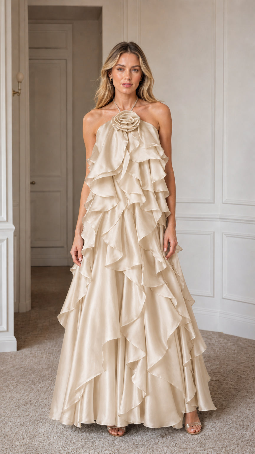 Model wearing champagne colored tiered ruffle maxi dress