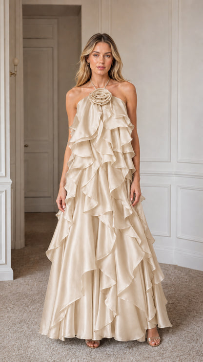 Model wearing champagne colored tiered ruffle maxi dress