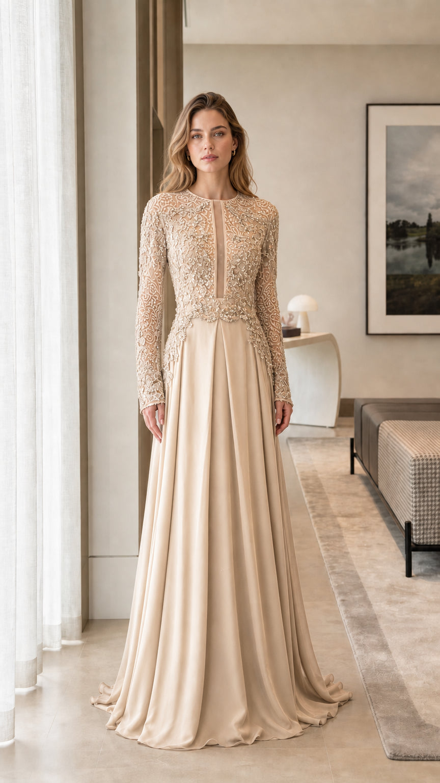 Front view of model wearing the champagne color variant evening gown