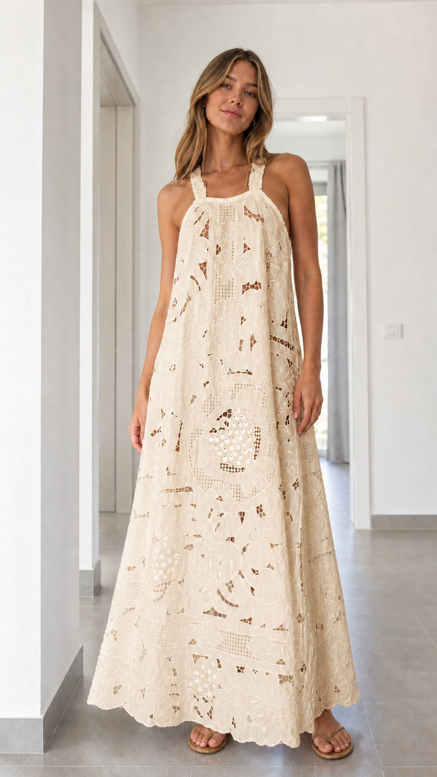 Front view of beige eyelet lace maxi dress